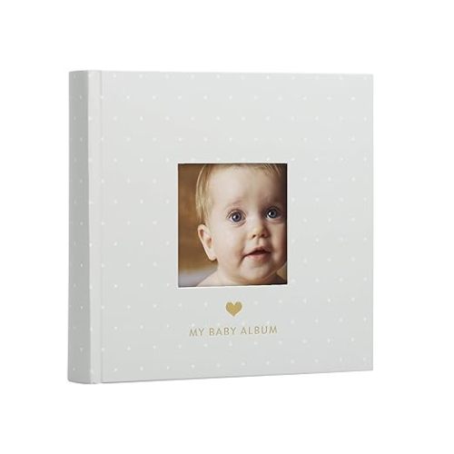 Pearhead My Baby Album, Baby Book Photo Keepsake for New and Expecting Parents, 50 Pages, Holds 200 6” x 4” Pictures, Gender-Neutral Baby Accessory, Classic Gray and White Polka Dot - Gray Polka Dot - 9x8.6x2 Inch (Pack of 1)