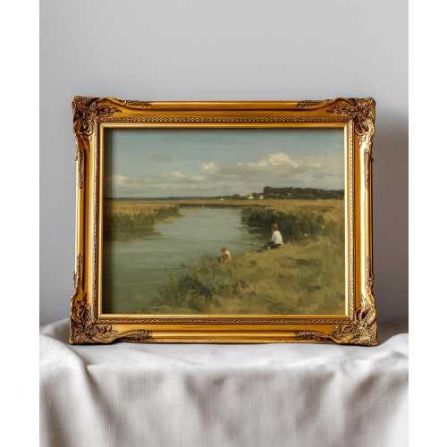 Boy and Dog Fishing Vintage Oil Painting Print | Country Scenery Wall Art, Rustic Farmhouse Nursery Print, Dog Lover Gift
