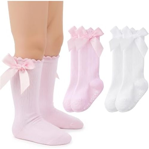 Topbuti 2 Pairs Baby Girls Knee High Socks Non Slip Toddler Girl Long Cotton Tube Stockings Bow Ruffles Infant Dress Socks