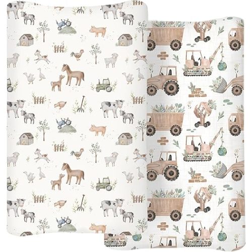 Changing Pad Cover for Baby Boys Girls 2 Pack, Fits Standard 32”×16” Changing Table Pads, Silky Breathable Stretch Knit, Machine Washable (Little Farm)
