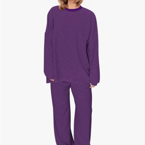 Women Striped 2 Piece Lounge Set Long Sleeve Oversized T Shirts Wide Leg Pants Matching Sets Casual Comfy Pajama Sets