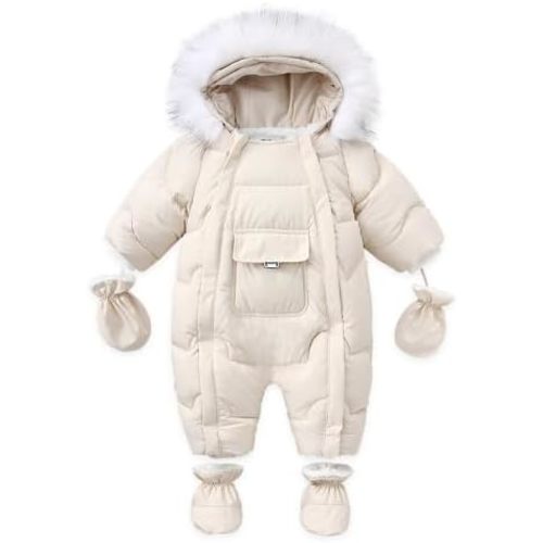 Baby Snowsuit One-Piece Thickened Winter Jumpsuit for Toddler With Gloves & Booties Zip-Up Hooded Warm Down Coat
