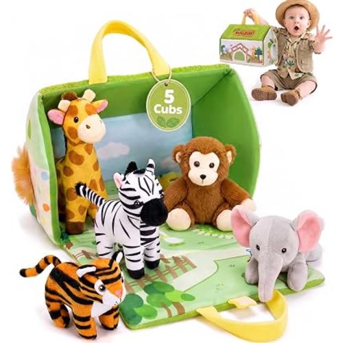 Mini Zoo Stuffed Animals Set - 5 Soft Safari Animals with Carry House 9.8"