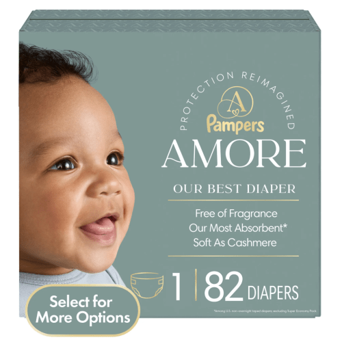 Pampers Amore, Size 1 (8-14 lbs), 82 Count, Our Best Diaper – Hypoallergenic & Fragrance Free, Up to 100% Leakproof, Soft as Cashmere