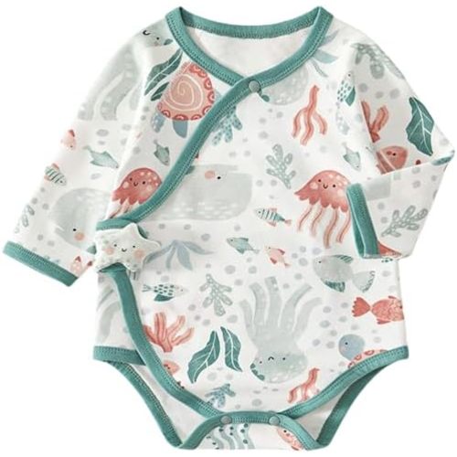 BINIDUCKLING Kimono Style Baby Wrap Over Long Sleeve Bodysuit with Cute Animal Shaped Hook and Loop Closure