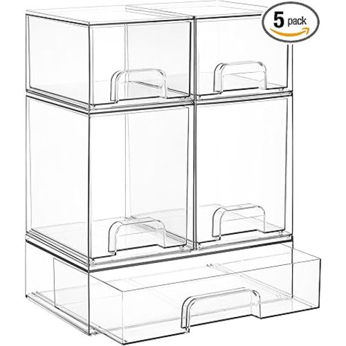 Vtopmart Stackable Storage Drawers Set of 5, Clear Plastic Organizer Bins for Baby Bottle, Beauty Supplies Storage, Ideal for Kichen Countertop, Vanity, Bathroom, Cabinet, Pantry Organization