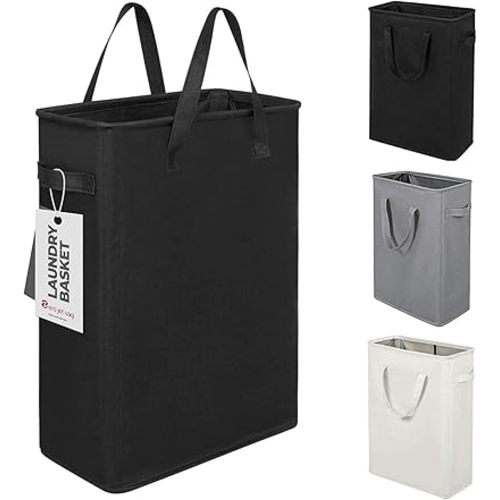 Slim Laundry Hamper With Handles Collapsible Laundry Basket Thin Dirty Clothes Basket Narrow Laundry Bag Foldable Dirty Clothes Hamper 45L (24 inches,Black)