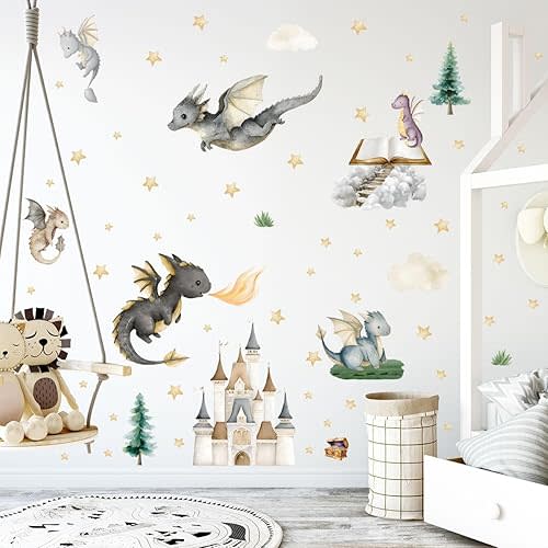 Dragon Wall Stickers,Peel and Stick Colorful Flying Dragon,Castles, White Clouds, Stars.Tree Self-Adhesive Mural，Removable Wall Sticker for Living Room Baby Nursery Kids Room Wall Decor (Multicolored)