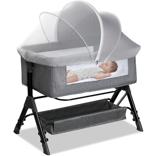 Bassinet Cover for Cats - Blackout Breathable Mosquito Net for Baby Bedside Sleepers & Travel Cribs, 2-Way Zipper Bug Canopy Tent to Block Light & Keep Cats Out (Gray-Small)