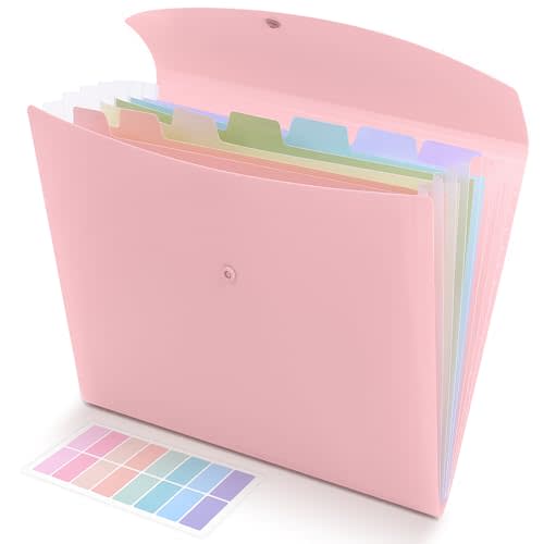 SKYDUE Cute Accordion File Organizer, Expanding File Folder with 8 Pockets, Document Organizer with Colorful Tabs for School, Office, Hospital Tax, Receipts Storage Letter/A4 Size Pink