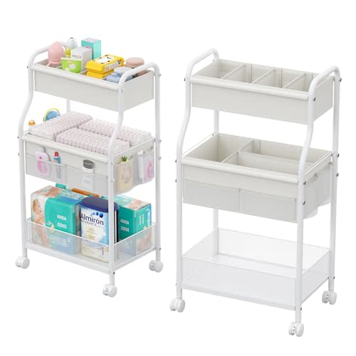 Diaper Caddy Organizer 3-Tier Rolling Cart, Metal Utility Cart with 4+2 Dividers & Lockable Silent Casters, Mobile Storage Cart for Nursery Essentials, Multi-Purpose for Kidsroom Changing Table