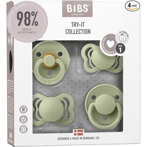 BIBS Lot de tétines comprenant les modèles Colour, De Lux, Couture et Supreme | Tétine en caoutchouc naturel sans BPA et silicone | Fabriqué au Danemark | Collection d'essai (sauge, 0 à 6 mois)