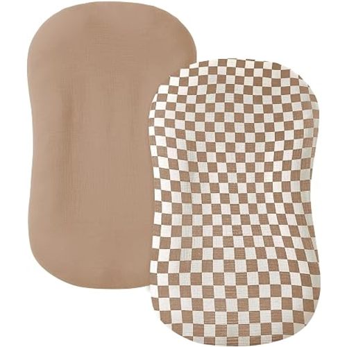 guruixu Muslin Baby Lounger Cover 2 Pack, 100% Cotton Infant Lounger Cover, Soft & Breathable Replacement Slipcover, Compatible with Snuggle Me Newborn Lounger (Coffee,Coffee Check)
