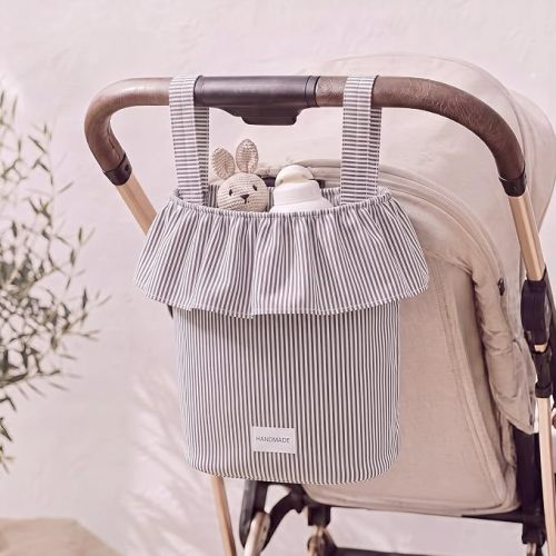 Abbylike Ruffle Stroller Bag with Removable Handles, Cotton Stroller Organizer with Waterproof Lined for Moms Baby Travel(Ruffles Style,15.5 x 9.5 Inch,Khaki Stripes)