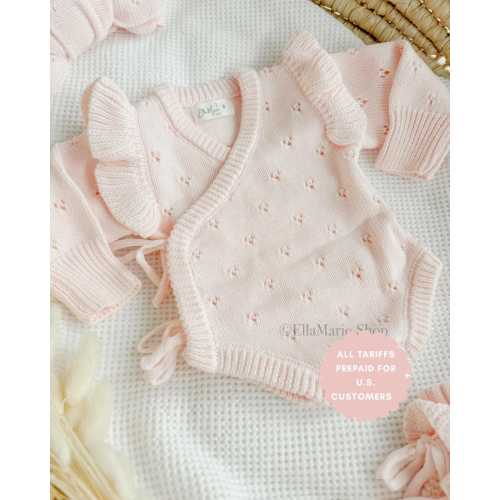Newborn girl coming home outfit, knit baby girl ruffle romper, wrap bodysuit, baby announcement, infant gender reveal, baby shower gift