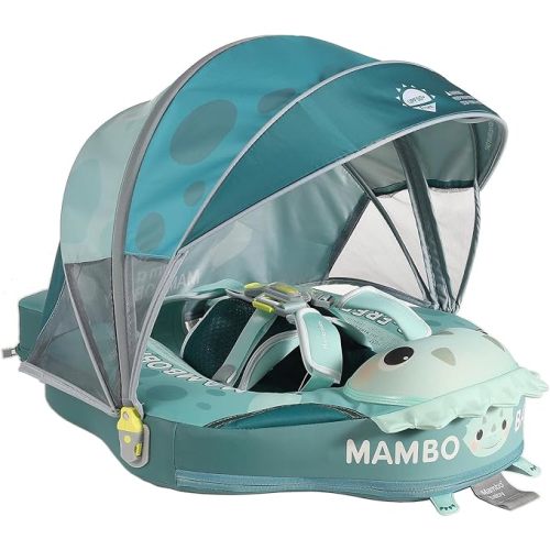 Mambobaby No-Flip Baby Pool Float with Canopy & Tail Non-Inflatable Swim Float for Infants, Pearl-Foam, UPF 50+ & Adjustable Safety Five-Way Harness, Skin-Friendly for Boys Girls 3-24 Months