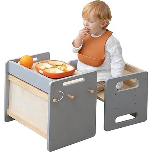 Montessori Weaning Table and Chair Set - Adjustable Design for Toddlers, Ideal for Mealtime, Learning, and Play, Grey