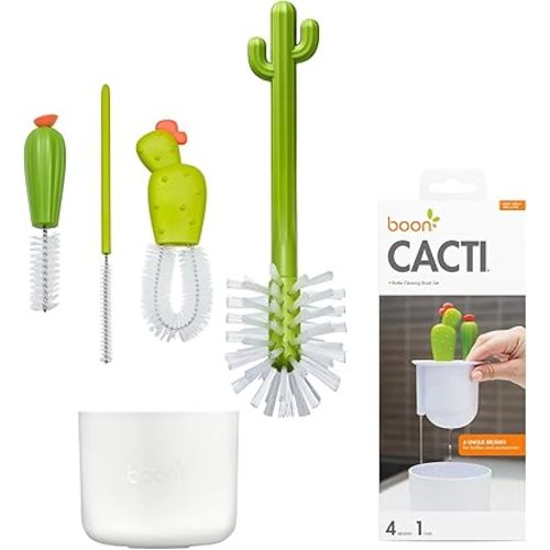 Boon Cacti Bottle Cleaning Brush Set - Includes Bottle Brush, Nipple Brush, Detail Brush, and Straw Brush - Baby Bottle Brush Set for Bottle Drying Rack - Baby Essentials - 4 Count