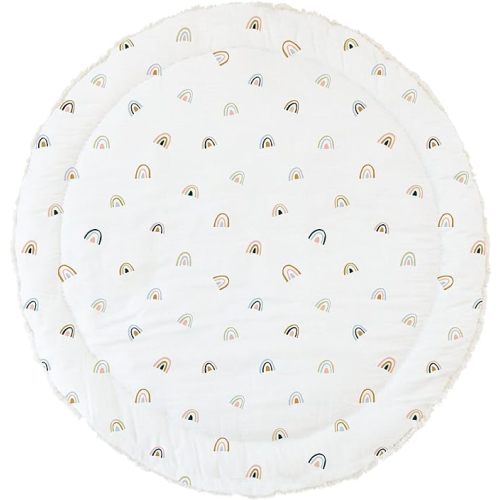 MakeMake Organics Organic Play Mat GOTS Certified Organic Cotton Nursery Floor Rug Washable Reversible Non Toxic Activity Mat Tummy Time Crawling Pad Thick Quilted (Round 48", Rainbow, White)
