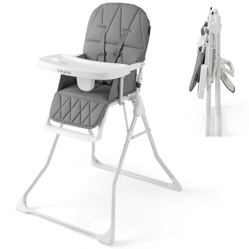 BABY JOY Foldable High Chair, Portable Highchairs for Babies and Toddlers with 3-Position Adjustable Tray & Footrest, Removable Seat Cushion, 5-Point Safety Harness, Space Saving Design (Gray)
