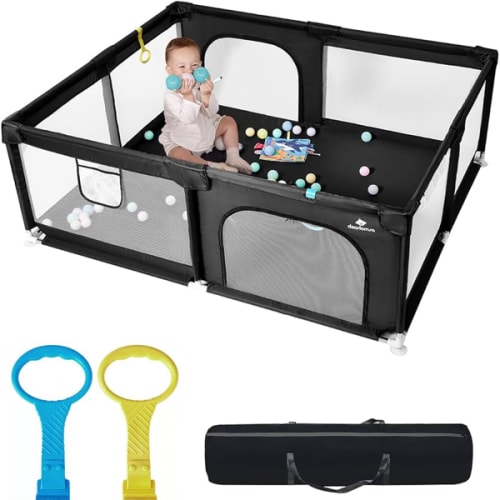 [Upgraded] dearlomum Baby Playpen, 71"x59" Extra Large Playard with Thickened Steel Pipes, Baby Activity Center with Gate & Toys, Sturdy Soft Mesh Safety Fence for Toddlers (Black)