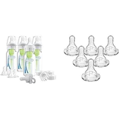 Dr. Brown's Anti-Colic Breast to Bottle Feeding Set with Slow Flow Nipples & Natural Flow Preemie Flow Narrow Baby Bottle Silicone Nipple