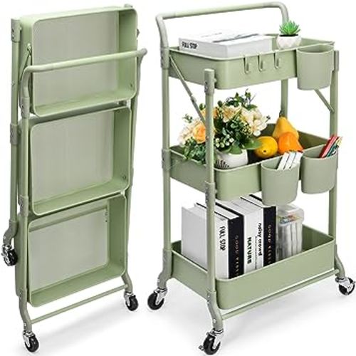 johgee Foldable 3 Tier Metal Utility Rolling Cart, Folding Mobile Multi-Function Storage Trolley Organizer Cart for Home Library Office(Green)