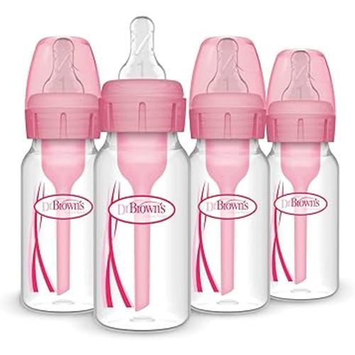 Dr. Brown's Natural Flow Anti-Colic Options+ Narrow Baby Bottle, 4 oz/120 mL, with Level 1 Slow Flow Nipple, Pink, 0m+, 4 Pack