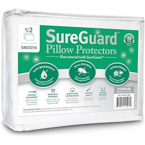 Set of 2 Standard Size SureGuard Pillow Protectors - 100% Waterproof, Bed Bug Proof, Hypoallergenic - Premium Zippered Cotton Covers - Smooth
