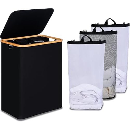 efluky Laundry Hamper with Lid, Trio Laundry Hamper with 3 Removable Bags, 3 Section Laundry Basket with Bamboo Handles for Bathroom, Bedroom & Laundry Room, 160L Black