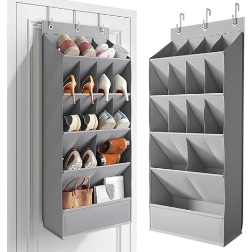 Over the Door Shoe Organizer with Large Deep Pockets, Shoes Rack for Closets' Door, Hanging Shoe Rack for Closet Organizers & Storage, Behind the Door Narrow Shoe Holder for Shoes, Grey
