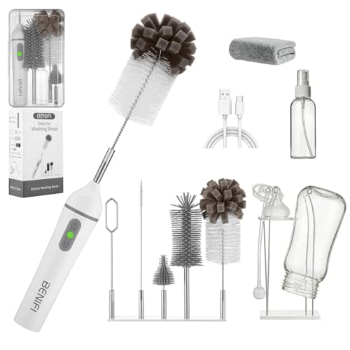Electric Bottle Cleaner Pro, 11 in 1 Baby Bottle Brush with Drying Rack, Sponge Brush, Silicon Brush, Formula Mixer, Nipple Brush, Soap Dispenser, Microfiber Cleaning Cloth Included