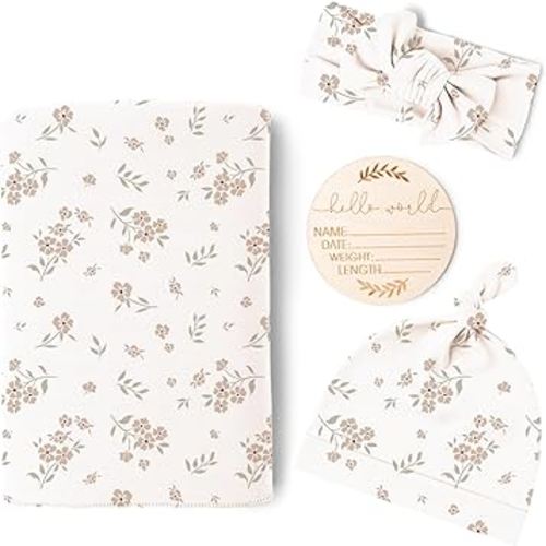 Konssy Baby Girl Newborn Receiving Blanket with Matching Headband and Beanie Set Baby Swaddle Nursery Swaddle Wrap