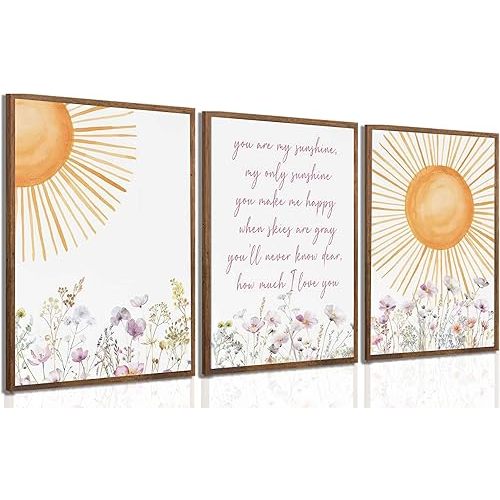 3Pcs Wildflower Nursery Canvas Wall Art Pieces You Are My Sunshine Quote Posters Prints Boho Sun Paintings for Neutral Nursery Girls Room Decor12x16in