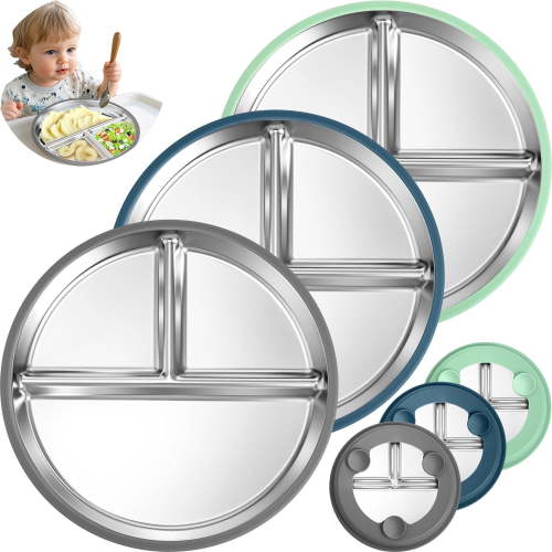 Stainless steel baby plates with suction - 9” Divided Toddler Baby Plates with Silicone Sleeves with Suction 2-in-1 Anti Breakage Metal Toddler Bowls Microwave Dishwasher Safe