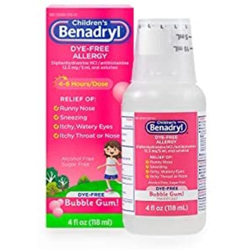 Children's Benadryl Dye-Free Allergy Liquid, Diphenhydramine HCl, Bubble Gum, 4 fl. oz