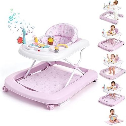 5-in-1 Foldable Baby Walker, U Shaped Push Walker with Ergonomic Seat, Adjustable Height & Rear Wheel Speed, Music Light Early Education Accessory, Portable Activity Center for Baby Girls 5-18 Months