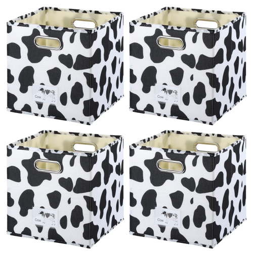 4 PCS Cow Print Storage Cubes,11 x 11 x 11 Inches Storage Basket Cow Storage Box with Handles Washable Foldable Cotton Linen Fabric Storage Bins for Desktop Closet Shelf Organizer Containers