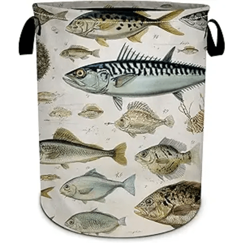Rustic Fish Laundry Basket Collapsible Oxford Cloth Laundry Hamper with Handle Waterproof Clothes/Toy Storage for Dorm Bathroom Bedroom 15.7 X 20 Inch
