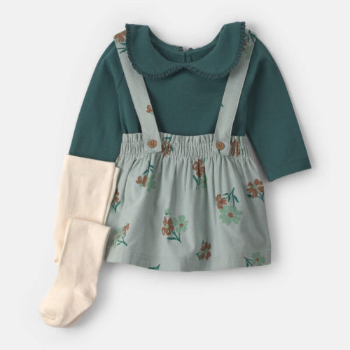 Baby Girl 3-Piece Floral Corduroy Long-Sleeve Dress Set - Green | Carter’s Oshkosh Canada
