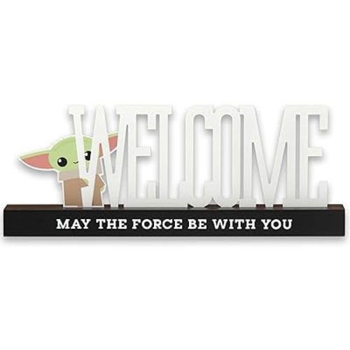 Disney Star Wars Baby Yoda Welcome Tabletop Decor - May the Force Be With You Metal Baby Yoda Decoration on Black Wood Base