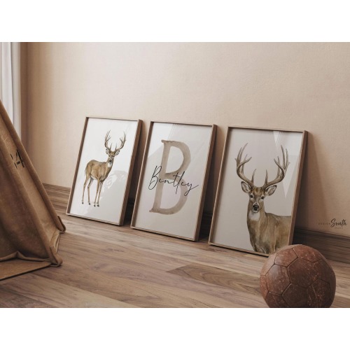 Watercolor Whitetail Deer Art Print Set, Personalized Name Nursery Decor