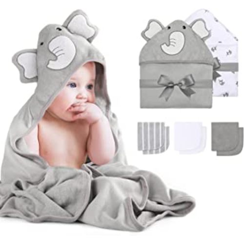 Momcozy Baby Hooded Towel, 8-Piece Bath for Boys or Girls, Washcloth Set with Cute Design, Shower Towel Gift for Newborns, Infants and Toddlers