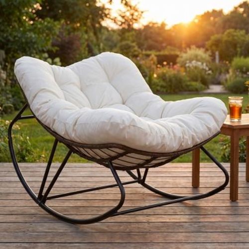 Papasan Rocking Chair with Cushion (Indoor/Outdoor), All-Weather Wicker Rattan Lounge Rocker for Living Room, Balcony, or Porch