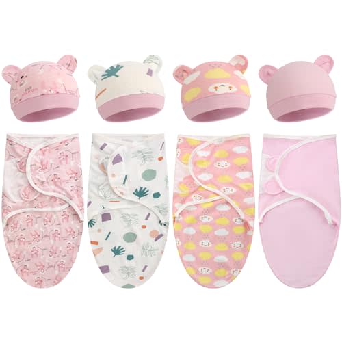 Buryeah 4 Pack Preemie Swaddle Blanket Wrap Set with Hat for Baby Boys Girls 3-7 Lbs Preemie Newborn Clothes Sleepers Cap