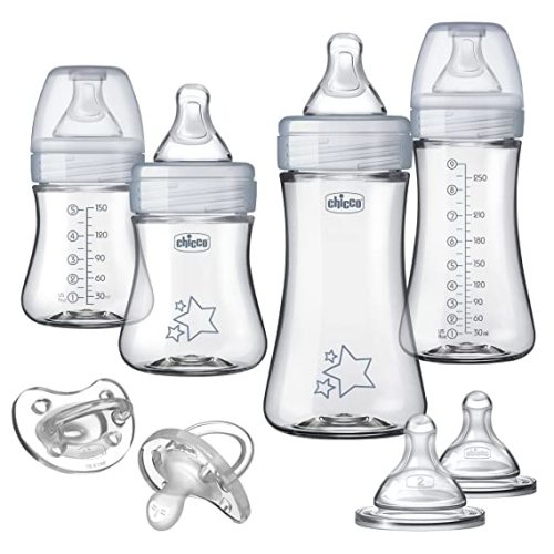 Chicco Duo Newborn Hybrid Baby Bottle Starter Gift Set with Invinci-Glass Inside and Plastic Outside | Dishwasher, Bottle Warmer, and Electric Sterilizer Safe | Intui-Latch Nipple | Clear/Grey