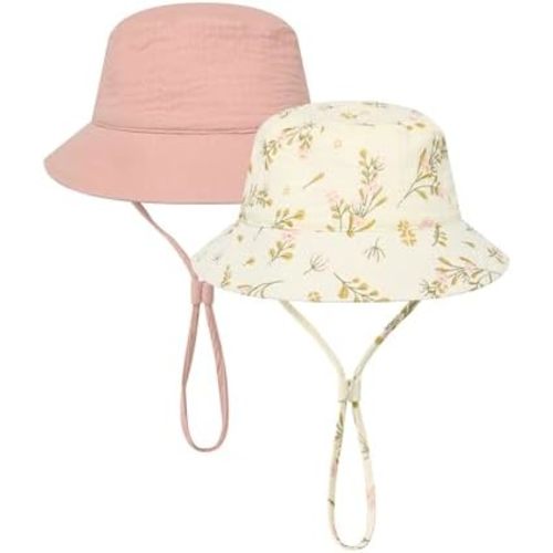 Cooraby 2 Pack Muslin Baby Sun Hat Bucket Hats with Wide Brim Adjustable Beach Hat for Boys Girls