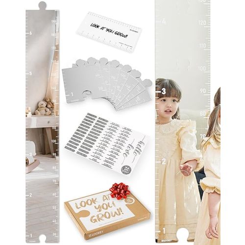 LOOKEY Growth Chart Mirror for Kids - Height Ruler with Stickers - Nursery Wall Decor Dress Up Center - Shatterproof Acrylic Full Body Measurement - Montessori Essential