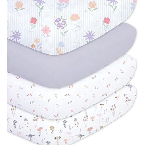 Plushii 4PK Girls Crib Sheets, Microfiber Mattress Cover, Botanical Garden