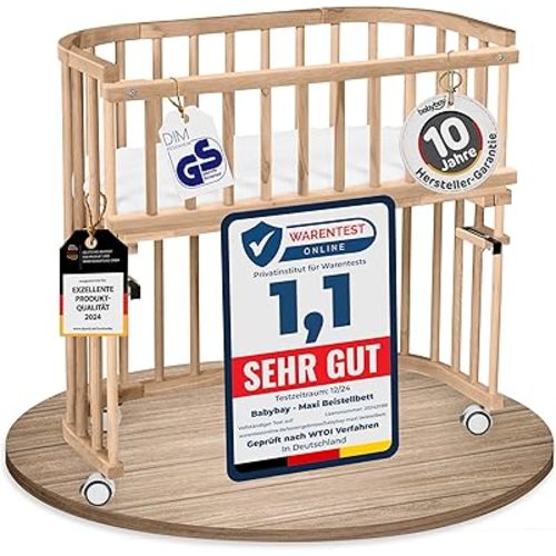 babybay Maxi Extra Large Side Bed Made of Solid Beech Wood/Children's Bed Height Fully Adjustable & Environmentally Friendly/with Mattress, Grid, Wheels (Natural Varnish)